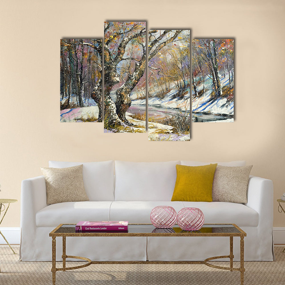 Winter River in Snowy Wood Canvas Wall Art
