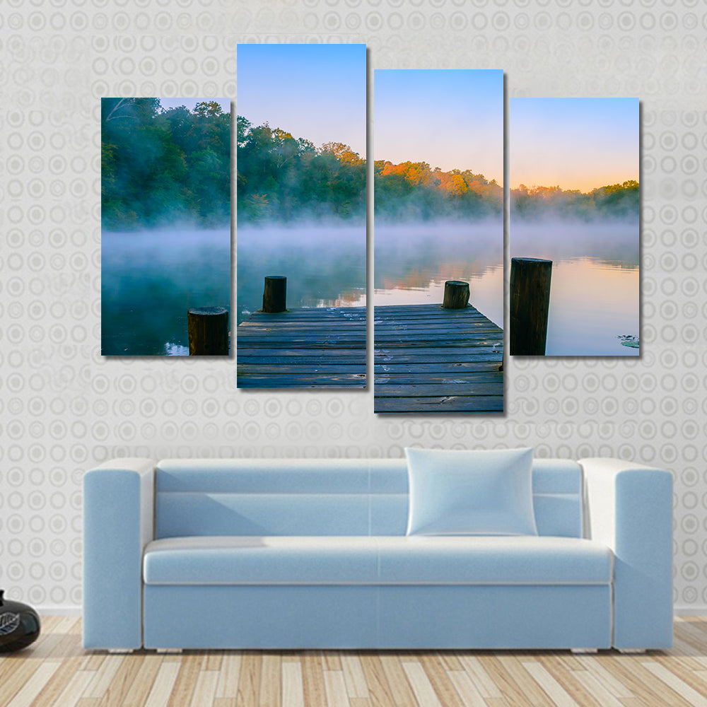 Wooden Dock at Misty Forest Lake Canvas Wall Art