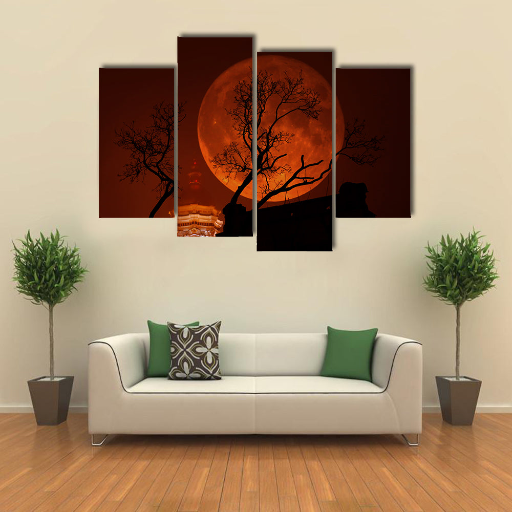 Blood Red Supermoon Over Illuminated Dome Canvas Wall Art