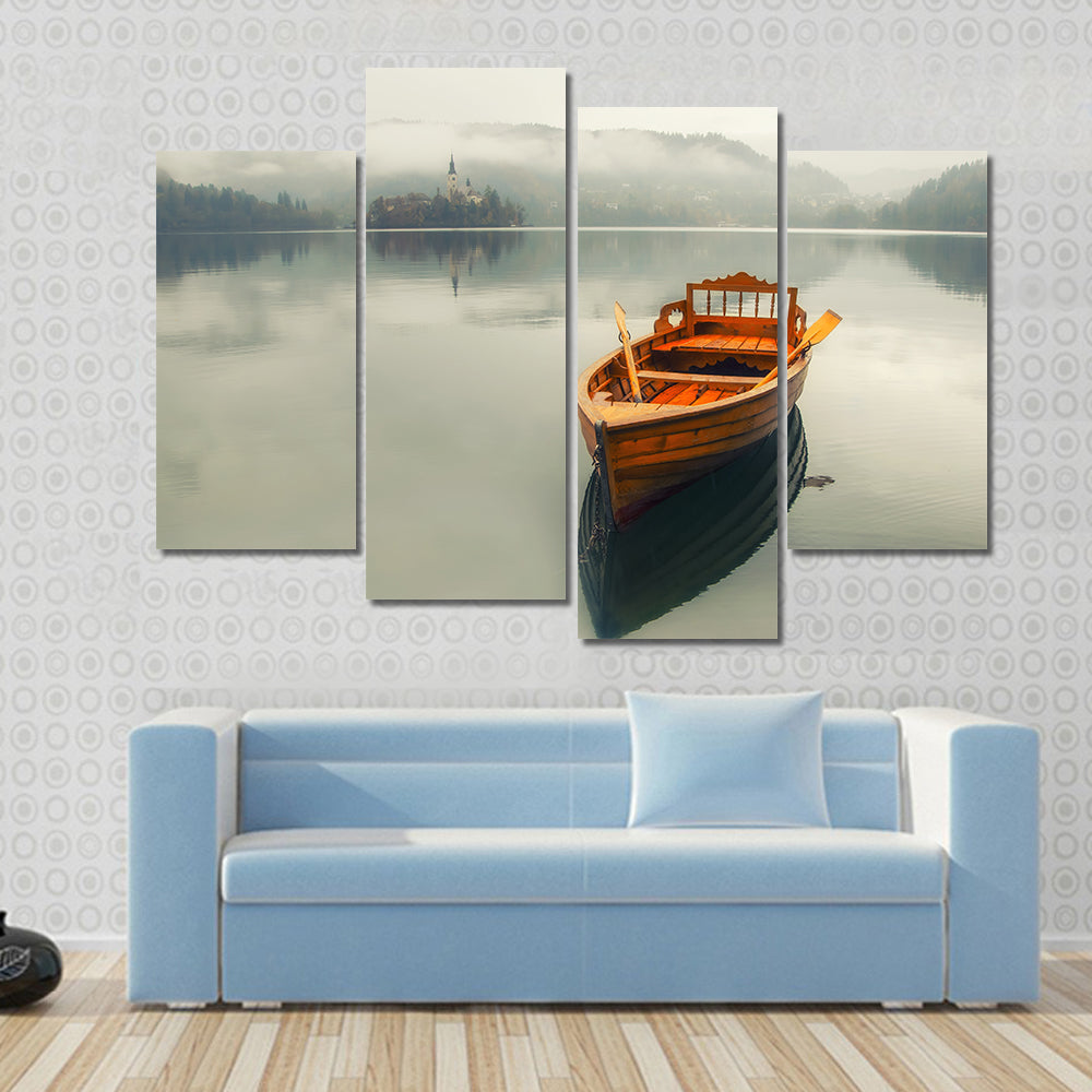 Rowboat on Foggy Lake with Island Church Canvas Wall Art