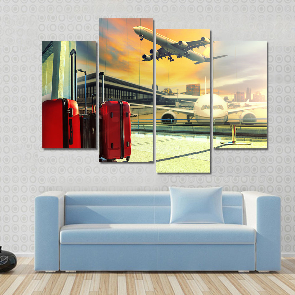 Red Suitcases and Plane at Sunset Canvas Wall Art