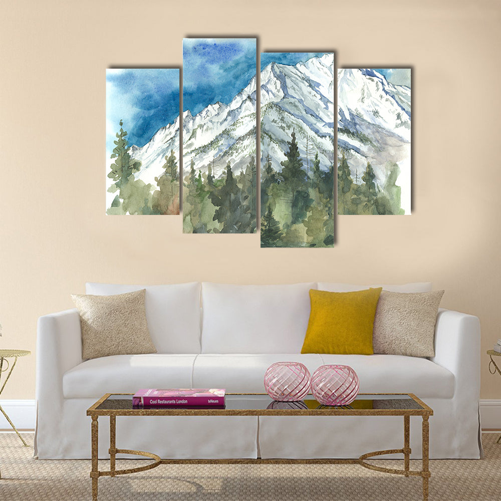 Watercolor Snow-capped Mountain and Forest Canvas Wall Art