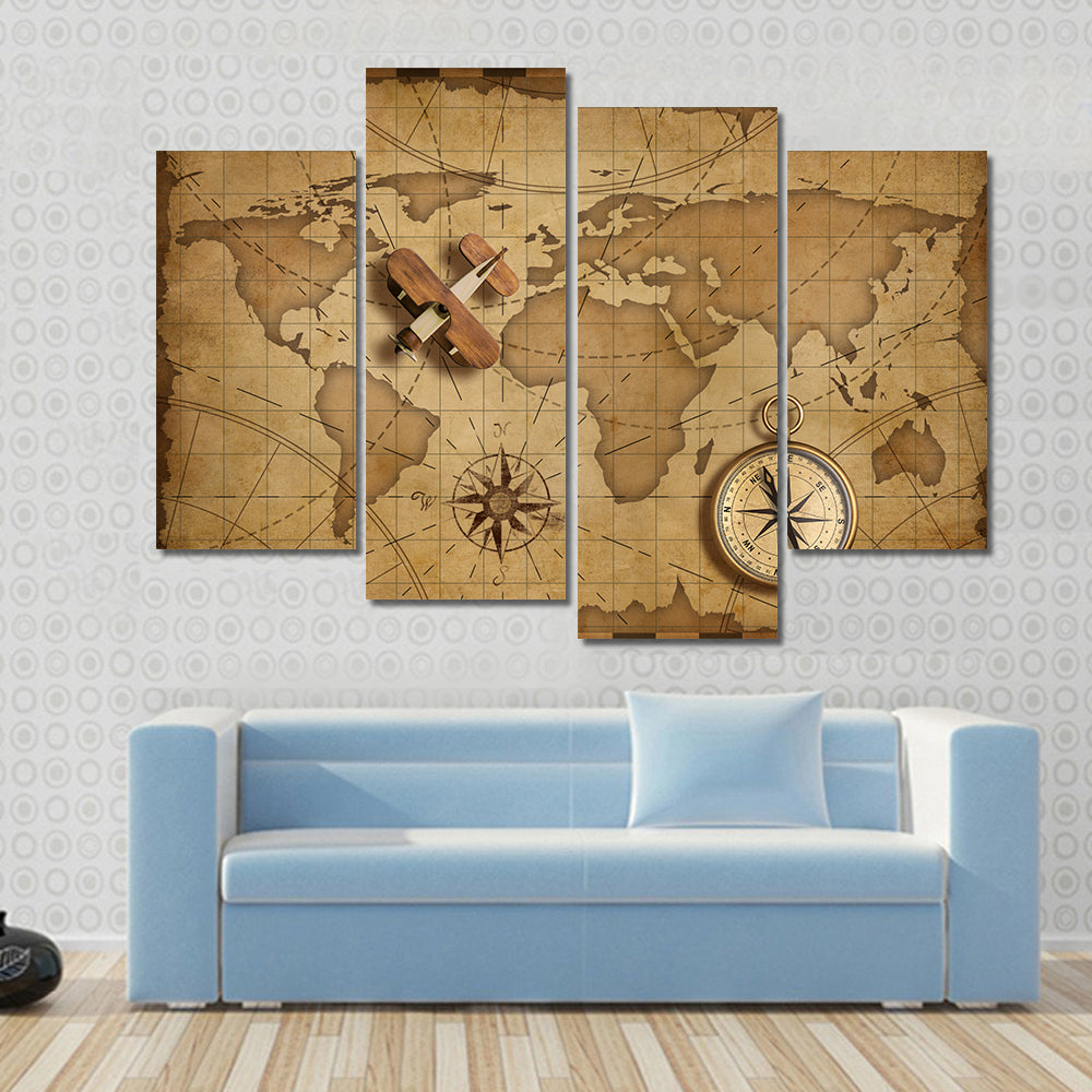 Small Wood Airplane Over World Nautical Map Canvas Wall Art
