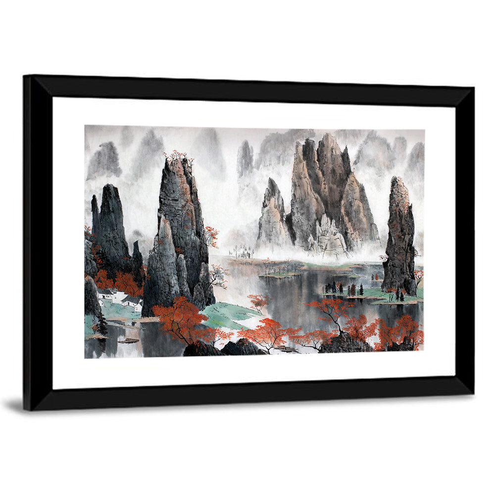 Misty Chinese Mountains with Red Autumn Trees Canvas Wall Art