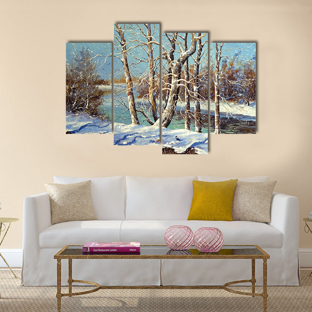 Winter River with Snowy Bank Canvas Wall Art