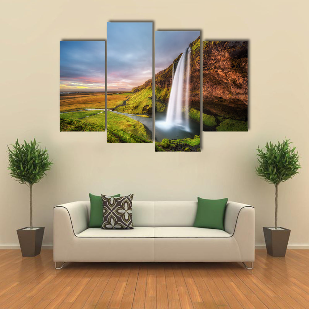 Seljalandsfoss Waterfall At Sunset In Iceland Canvas Wall Art