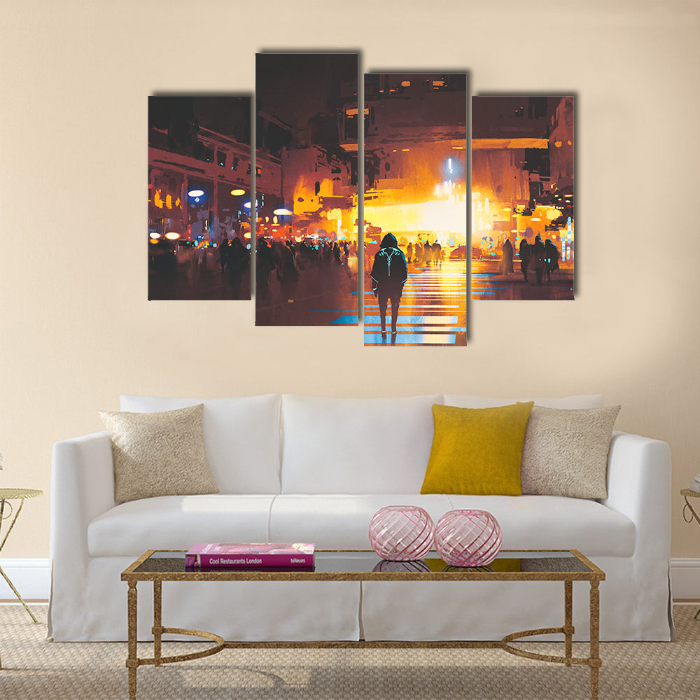 Lone Hooded Figure in Neon City Canvas Wall Art
