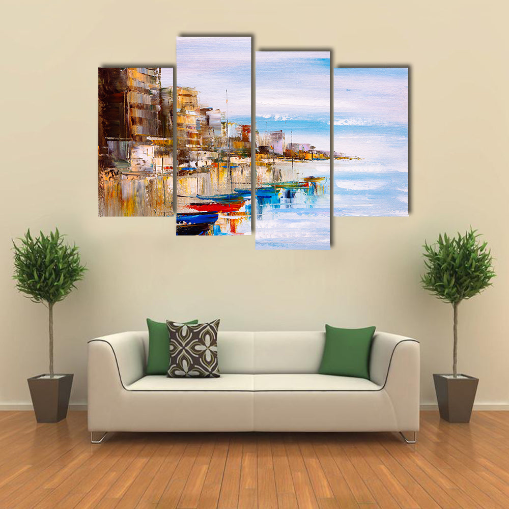Abstract Harbor with Fishing Boats Canvas Wall Art