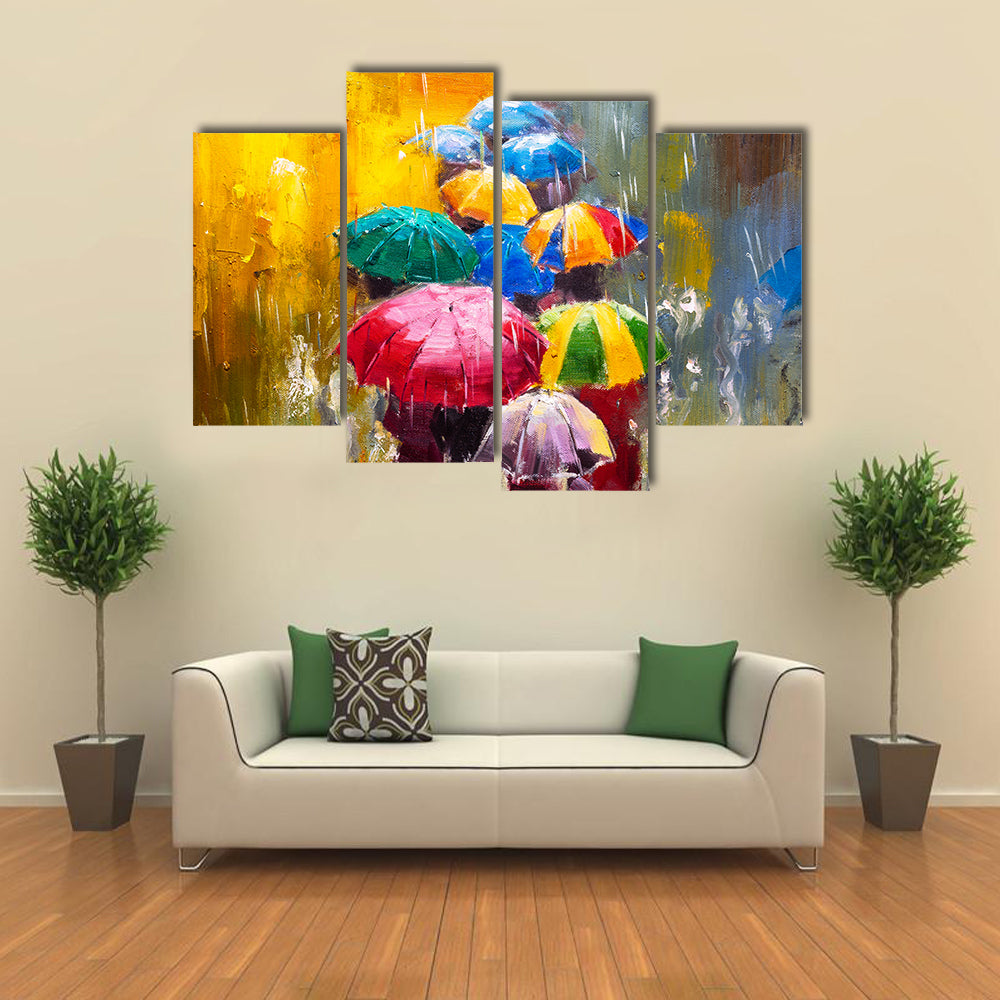 Rainy Street with Colorful Umbrellas Canvas Wall Art