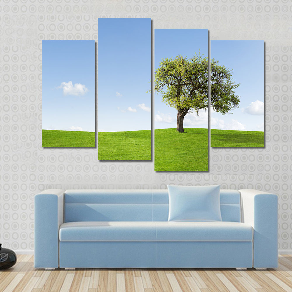 Solitary Tree on Sunny Green Hill Canvas Wall Art