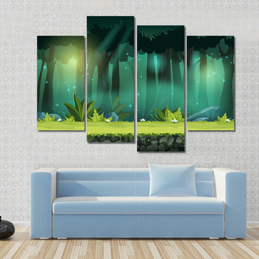 Magical Mist Forest with Fireflies Canvas Wall Art
