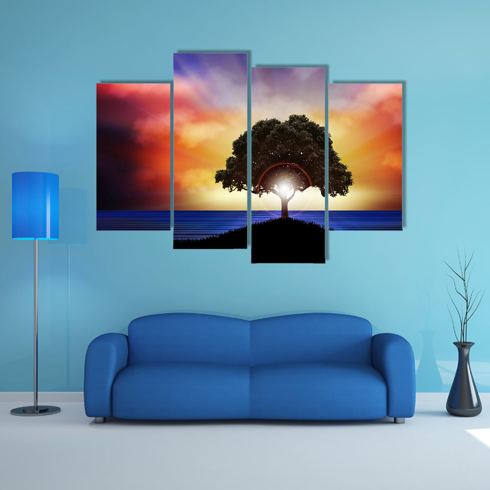 Lone Tree Silhouette at Sunset Canvas Wall Art