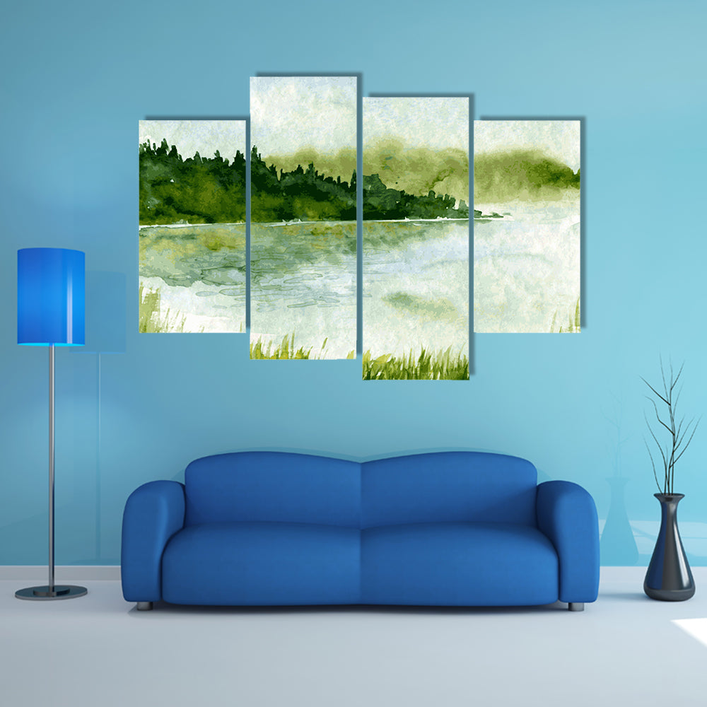 Watercolor River and Spruce Forest Canvas Wall Art