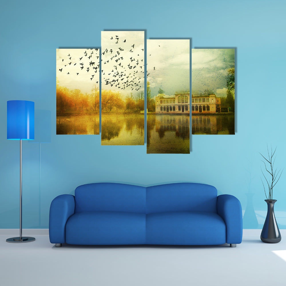 Flock Over Vintage Lakeside Mansion Canvas Wall Art