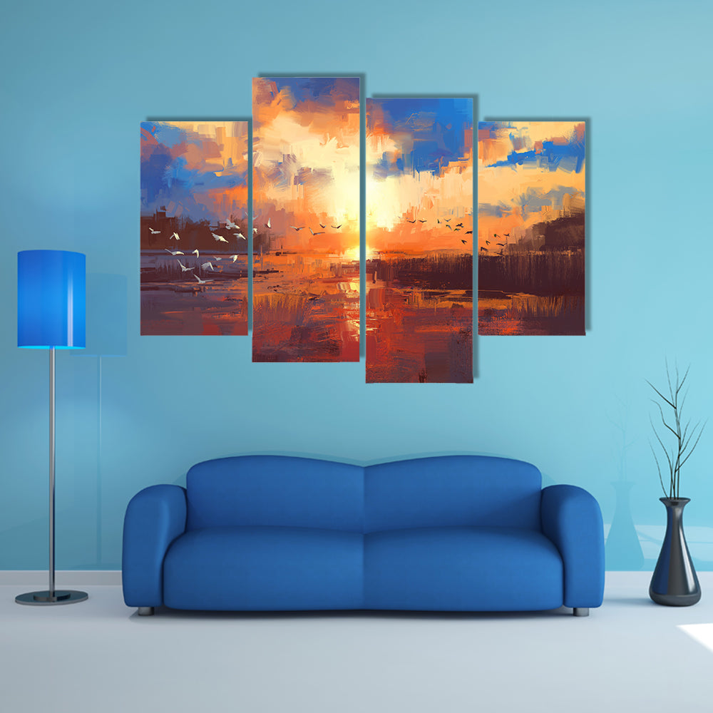 Golden Sunset Over Lake with Birds Canvas Wall Art