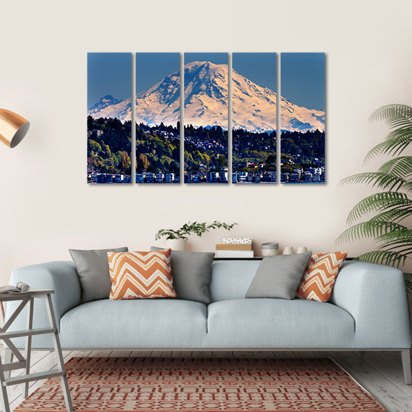 Mount Rainier Above Coastal Town Canvas Wall Art