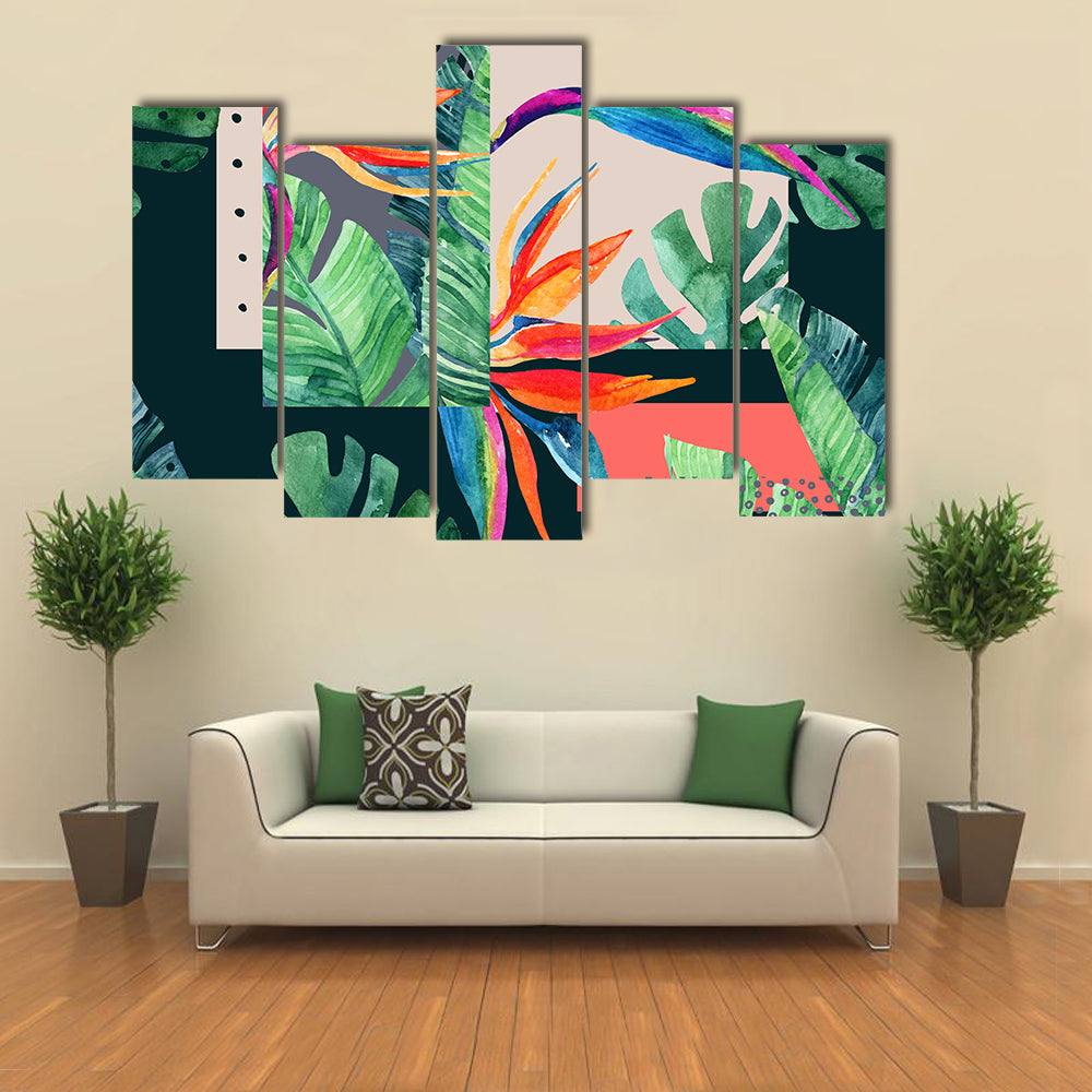 Watercolor Exotic Flowers and Tropical Leaves Canvas Wall Art