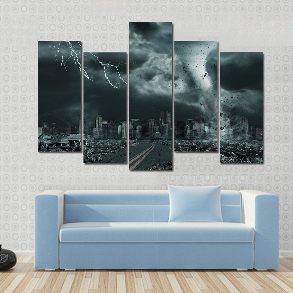 Tornado Over Ruined City Skyline Canvas Wall Art