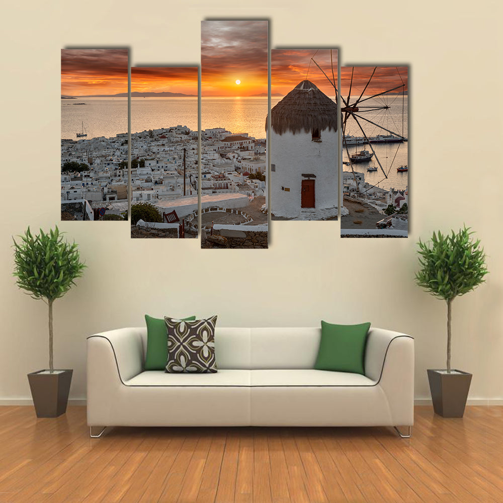 Mykonos Sunset with White Windmill Canvas Wall Art