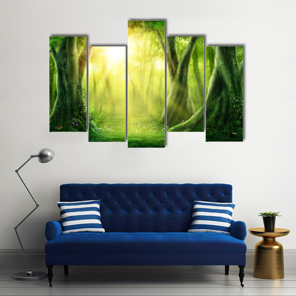 Dark Magic Forest With Sunshine Canvas Wall Art