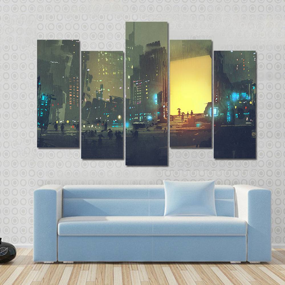 Rain-soaked Futuristic Cityscape Canvas Wall Art