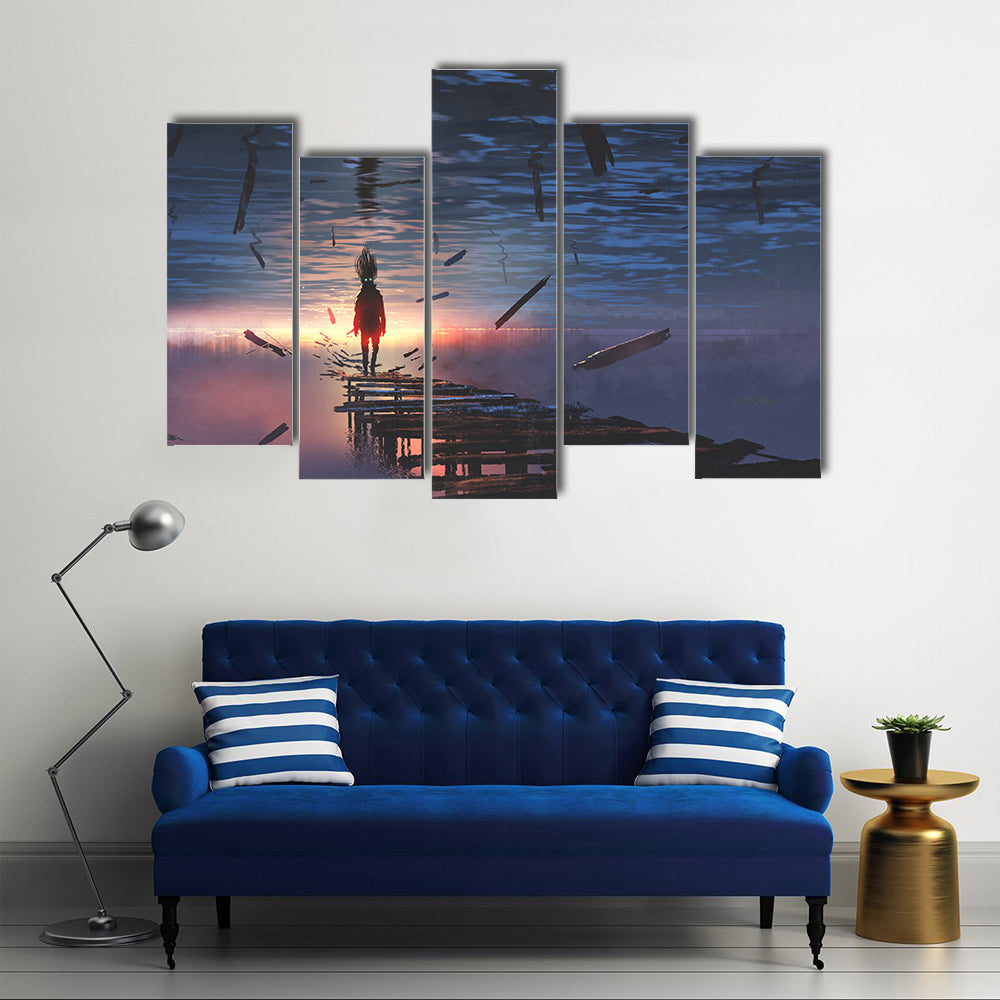 Hooded Figure on Broken Bridge Canvas Wall Art