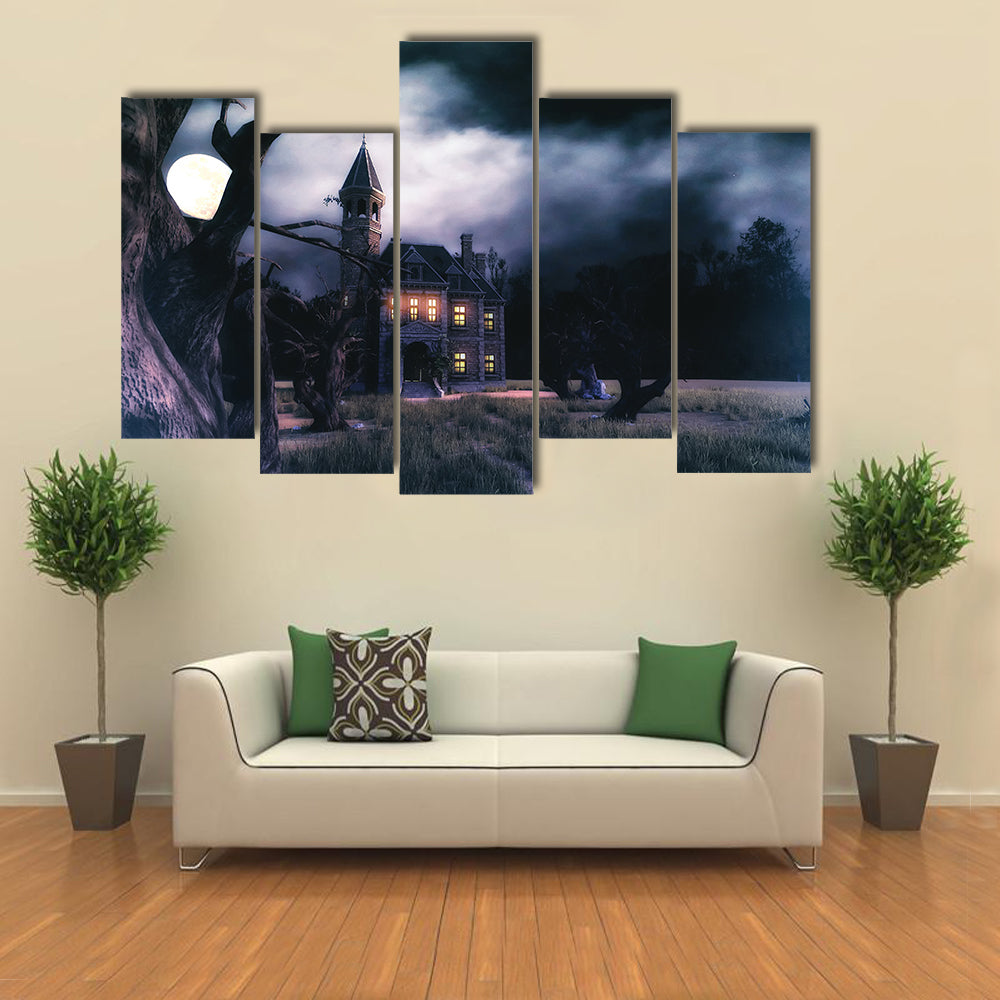 Moonlit Haunted Victorian Mansion Canvas Wall Art