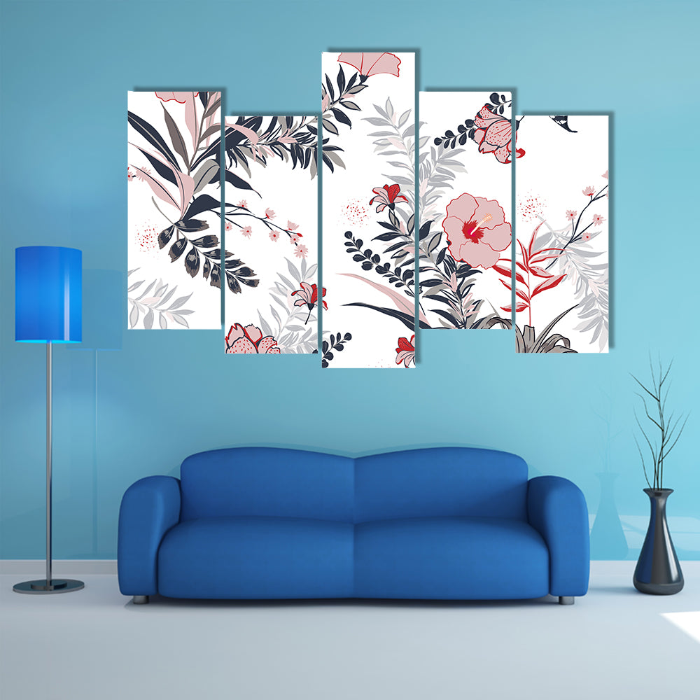 Hibiscus and Tropical Leaves Pattern Canvas Wall Art