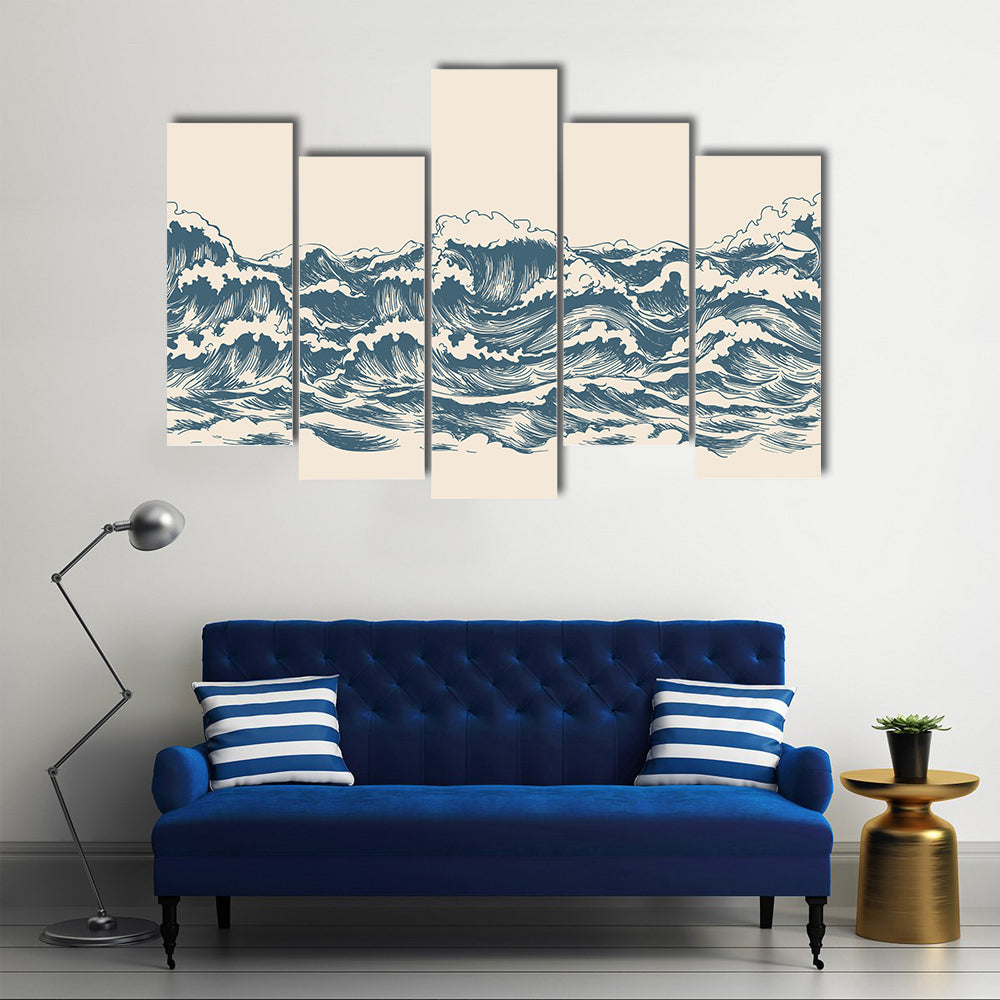 Ocean Waves Woodblock Sketch Canvas Wall Art