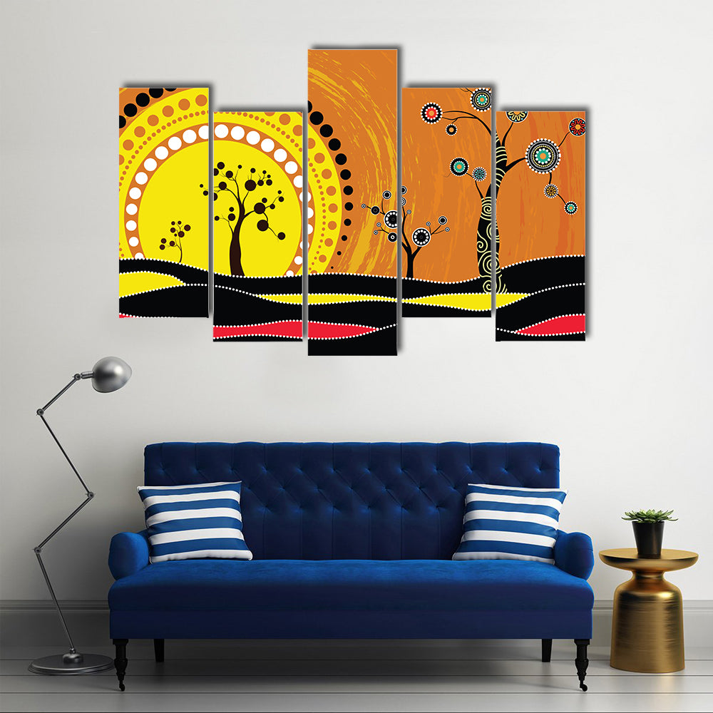 Aboriginal-style Sunset on Rolling Hills Canvas Wall Art