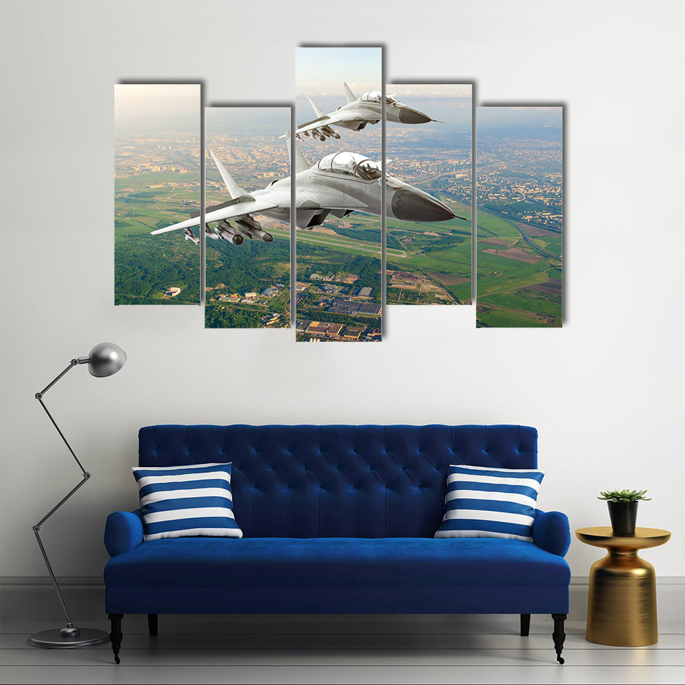Twin Fighter Jets Over Airfield Canvas Wall Art