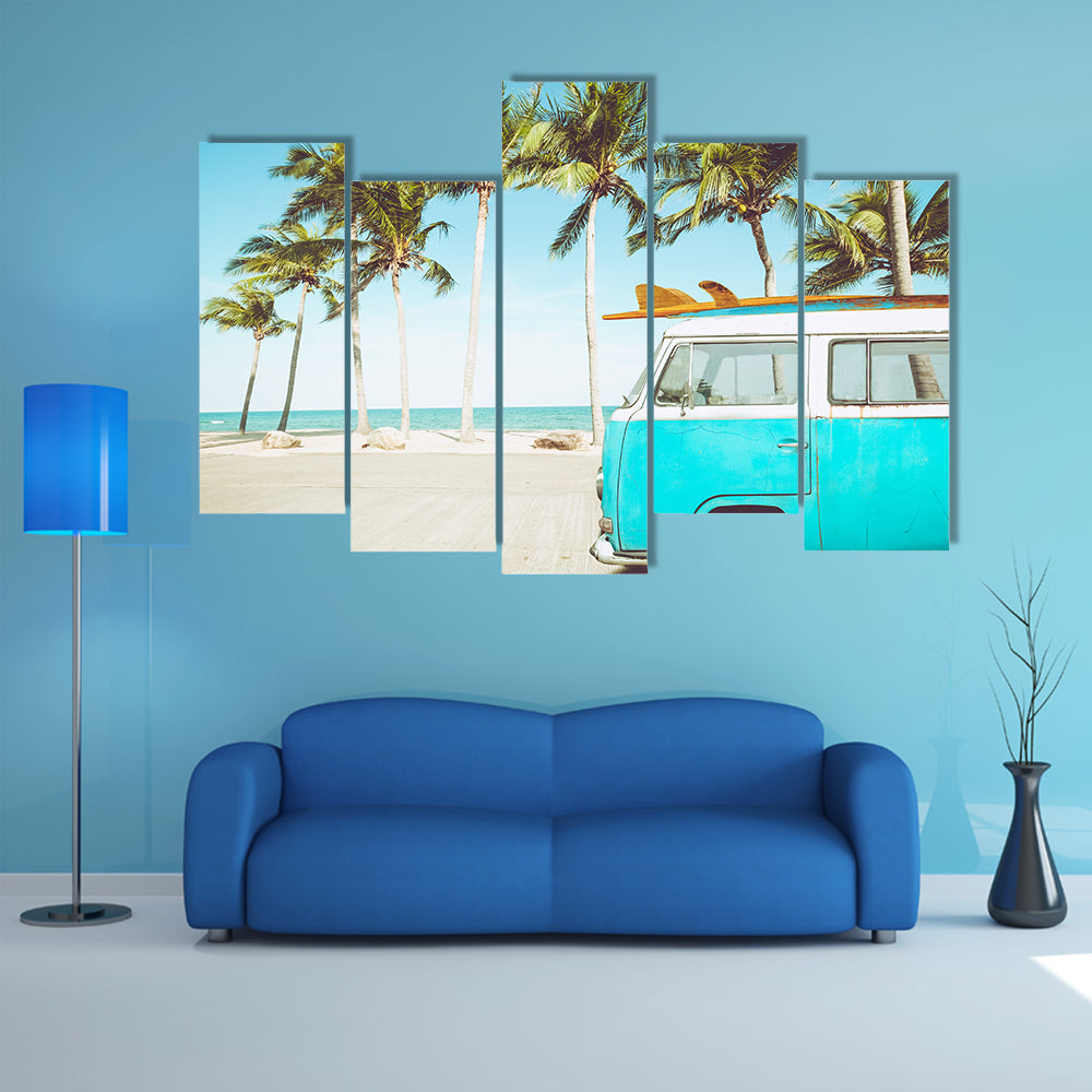 Teal and White Kombi on Tropical Beach Canvas Wall Art