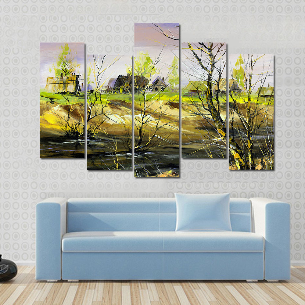Thatched Cottage on Riverbank Canvas Wall Art