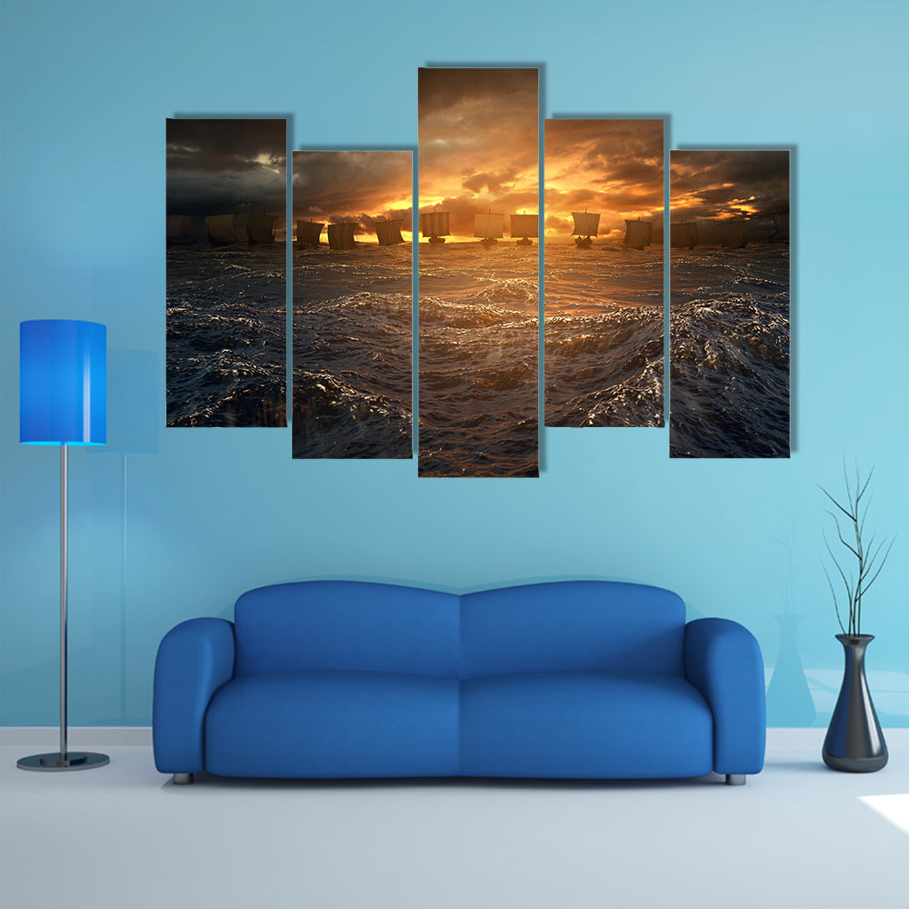 Viking Longships at Stormy Sunset Canvas Wall Art
