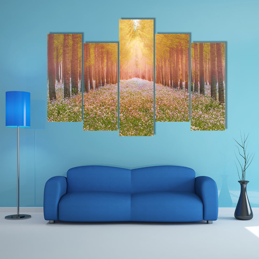 Sunlit Forest Path with Wildflowers Canvas Wall Art