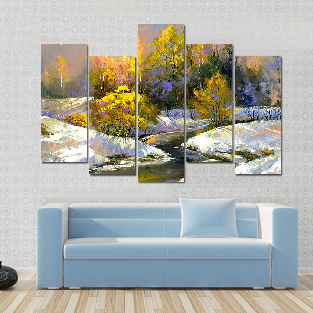 Winter River Through Snowy Forest Canvas Wall Art
