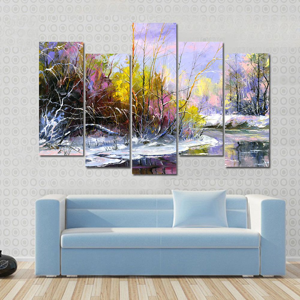 Winter River at Sunset Canvas Wall Art