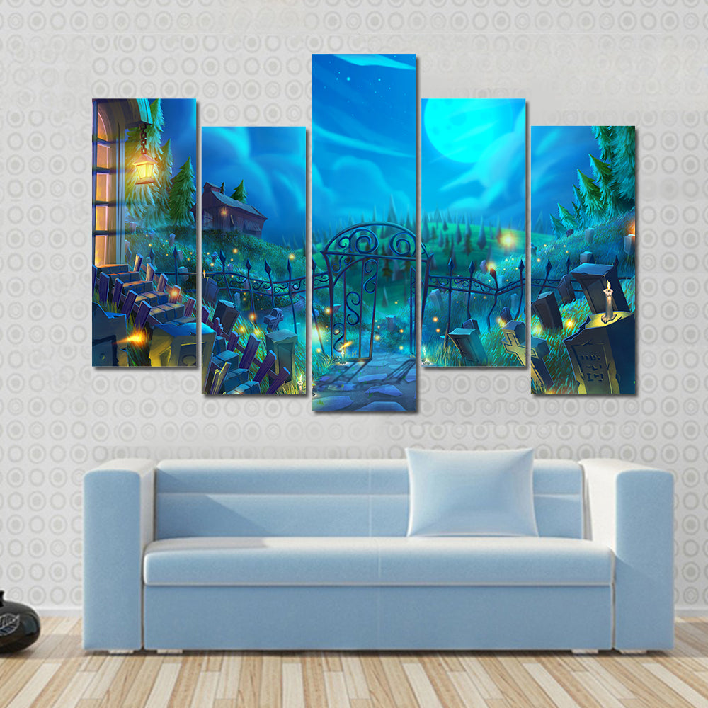 Moonlit Graveyard with Iron Gate Canvas Wall Art