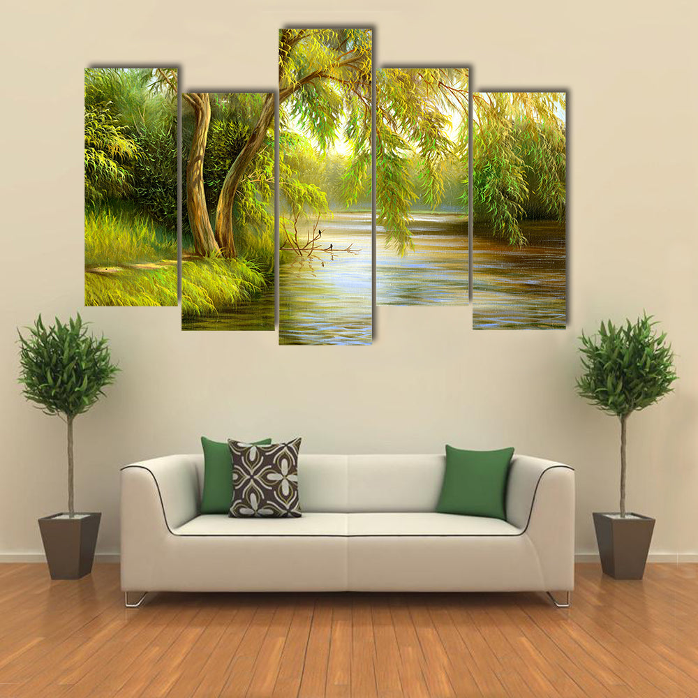 Summer Riverbank with Weeping Willow Canvas Wall Art