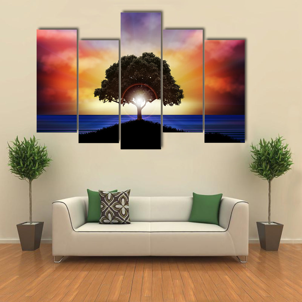 Lone Tree Silhouette at Sunset Canvas Wall Art