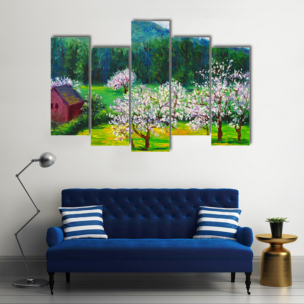 Plum Blossom Orchard with Red Barn Canvas Wall Art