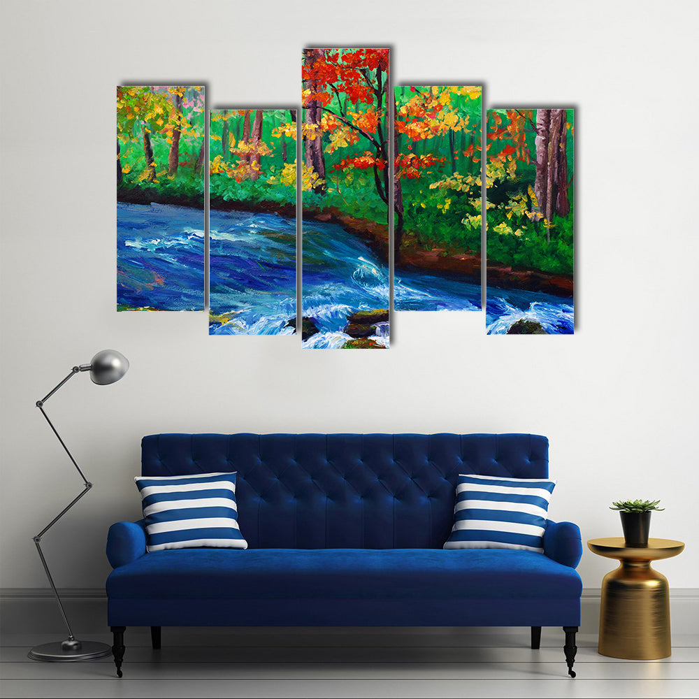 Autumn Maple by Flowing Stream Canvas Wall Art