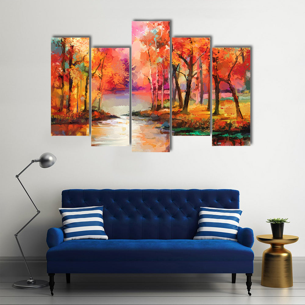 Autumn Forest with River Canvas Wall Art