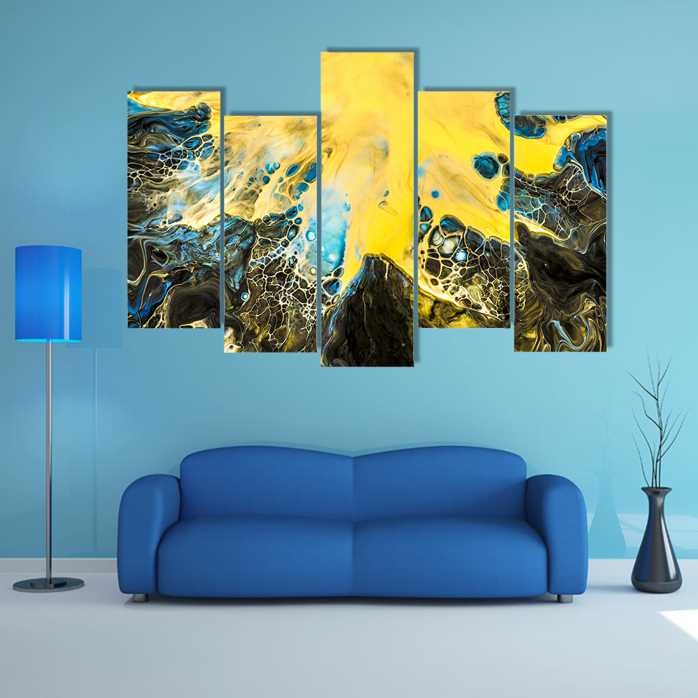 Acrylic Pour Abstract in Gold and Blue Canvas Wall Art
