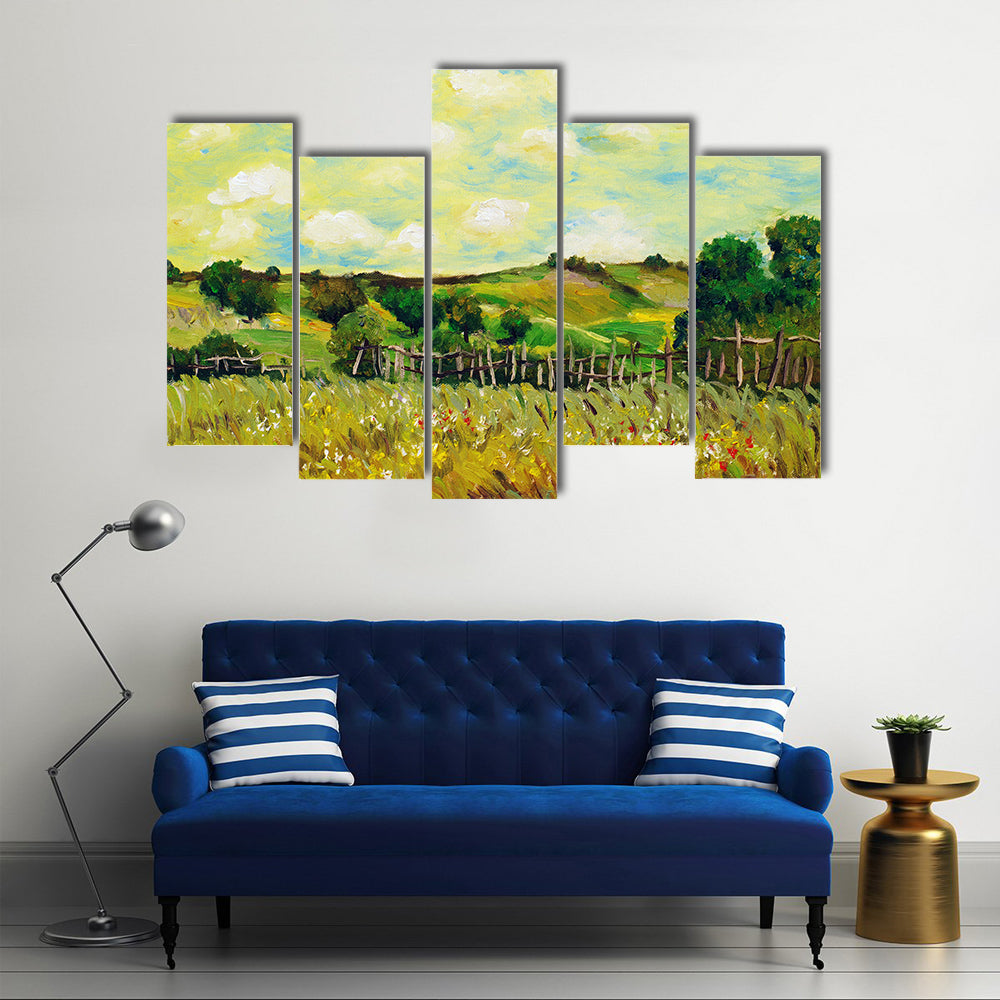 Sunlit Rolling Green Farm Fields Painting Canvas Wall Art
