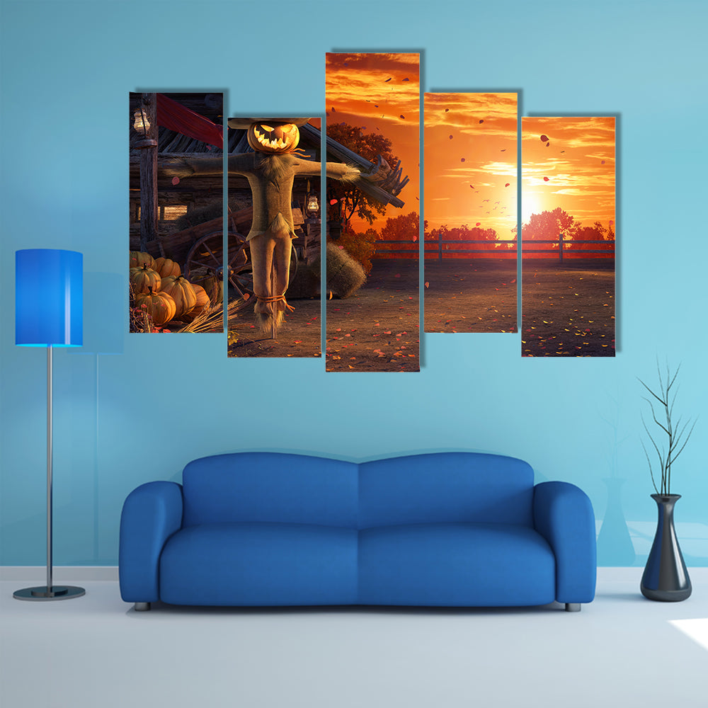 Pumpkin Scarecrow at Autumn Sunset Canvas Wall Art