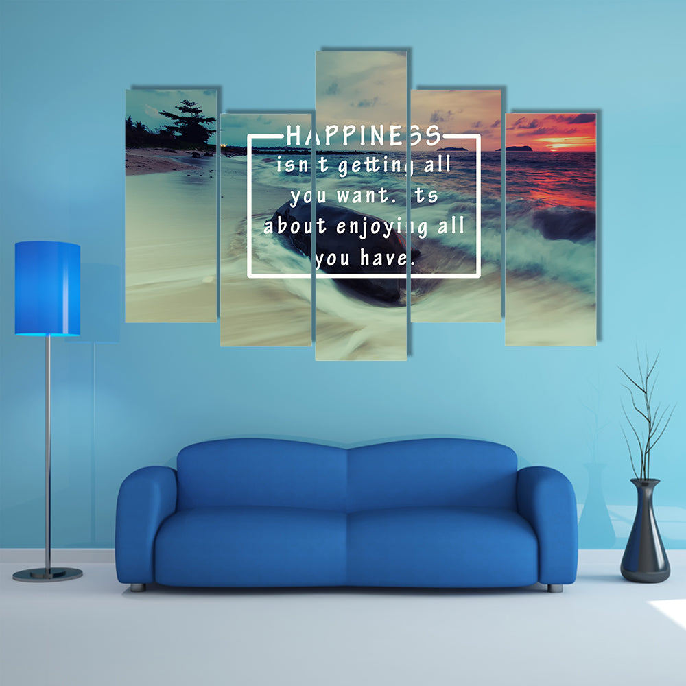 Happiness Quote Over Sunset Beach Canvas Wall Art