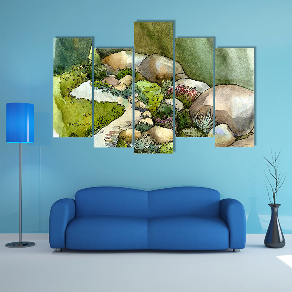 Watercolor Creek in Rock Garden Canvas Wall Art
