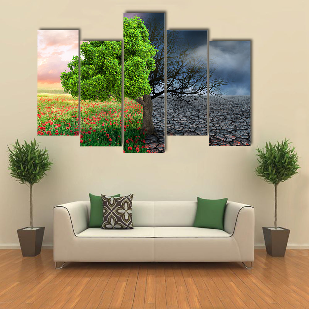 Split Tree with Poppies and Cracked Earth Canvas Wall Art