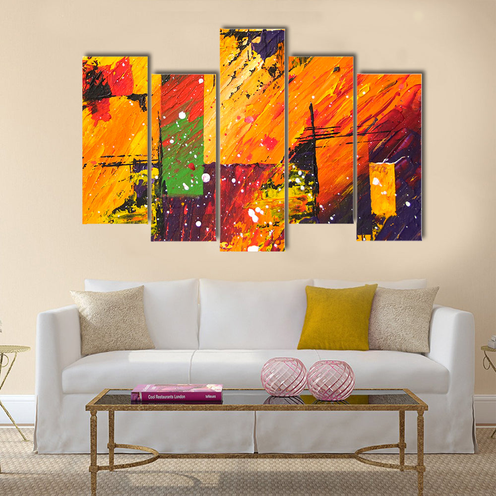 Energetic Orange Abstract with Green Block Canvas Wall Art